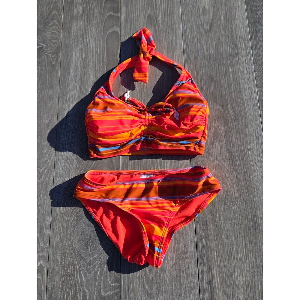 wild fable Coral & Orange Striped Halter Bikini Set